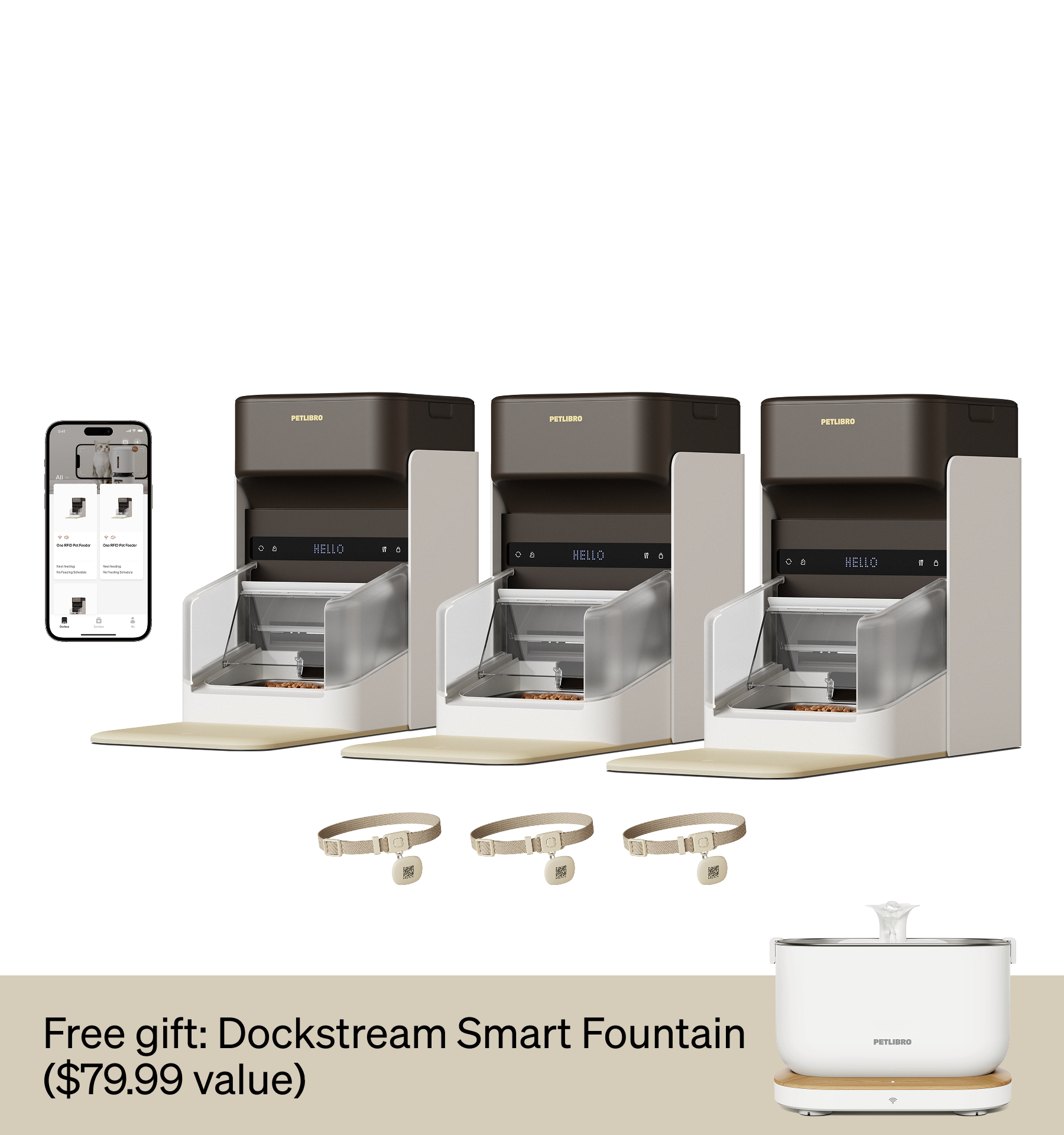Petlibro automatic feeder set in sleek gray and white, featuring smart controls. Includes Dockstream Smart Fountain as a free gift.