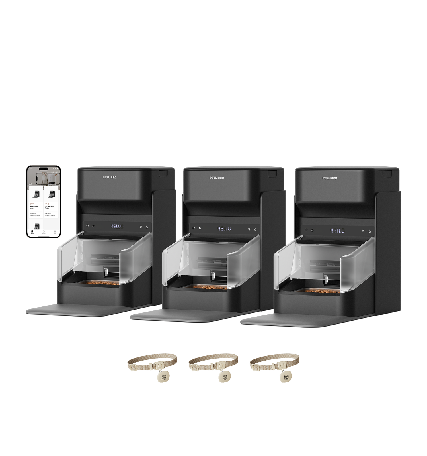 Petlibro black automatic pet feeder set with transparent food compartments, digital display, smart collars, and mobile app control