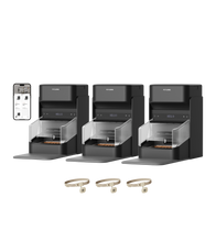 Petlibro black automatic pet feeder set with transparent food compartments, digital display, smart collars, and mobile app control