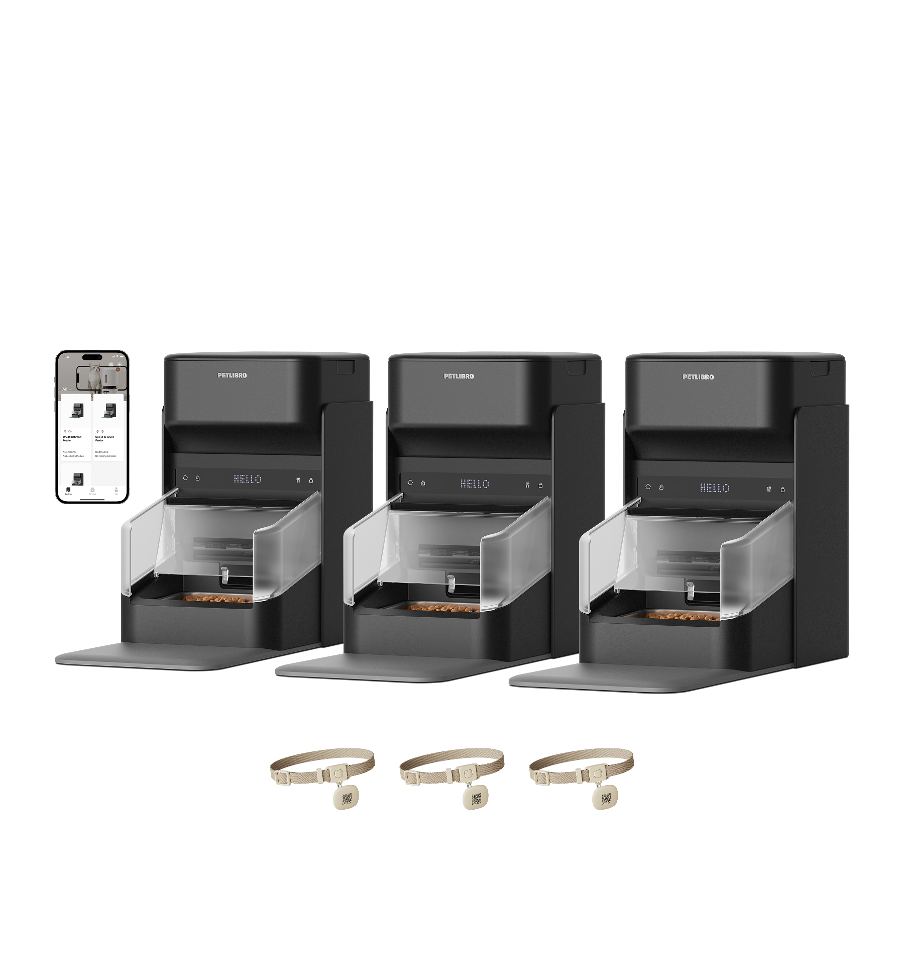 Petlibro black automatic pet feeder set with transparent food compartments, digital display, smart collars, and mobile app control