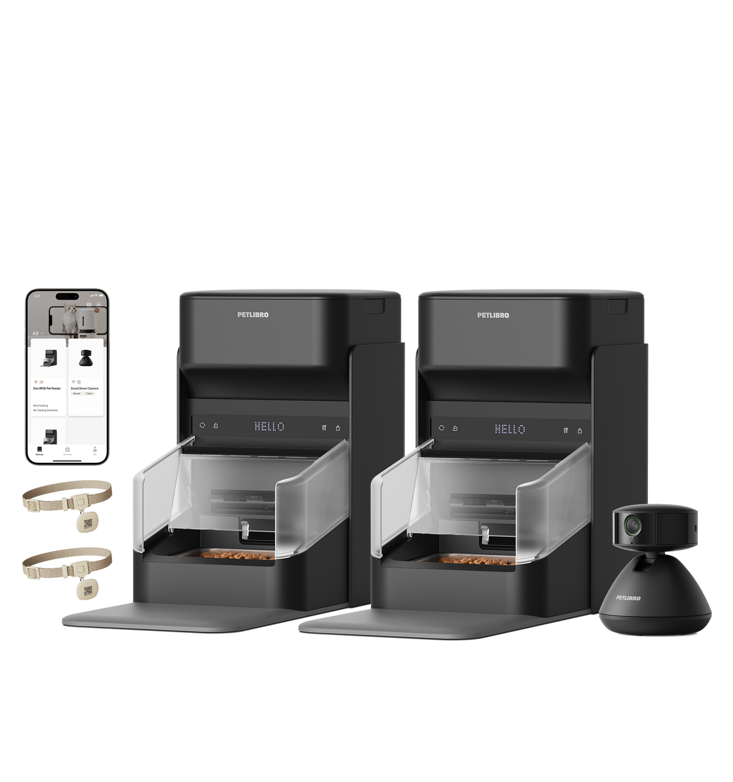 Petlibro PETLIBRO pet litter box set with two black cat feeders, app screen, RFID collars, and smart camera on black background
