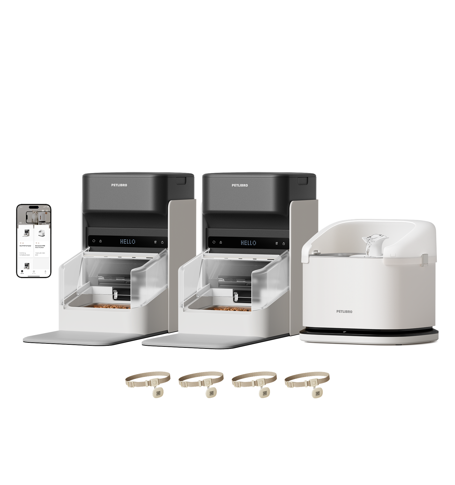 Petlibro PETLIBRO pet litter box and two smart feeders in gray and white, with app screen and cat collar tags set