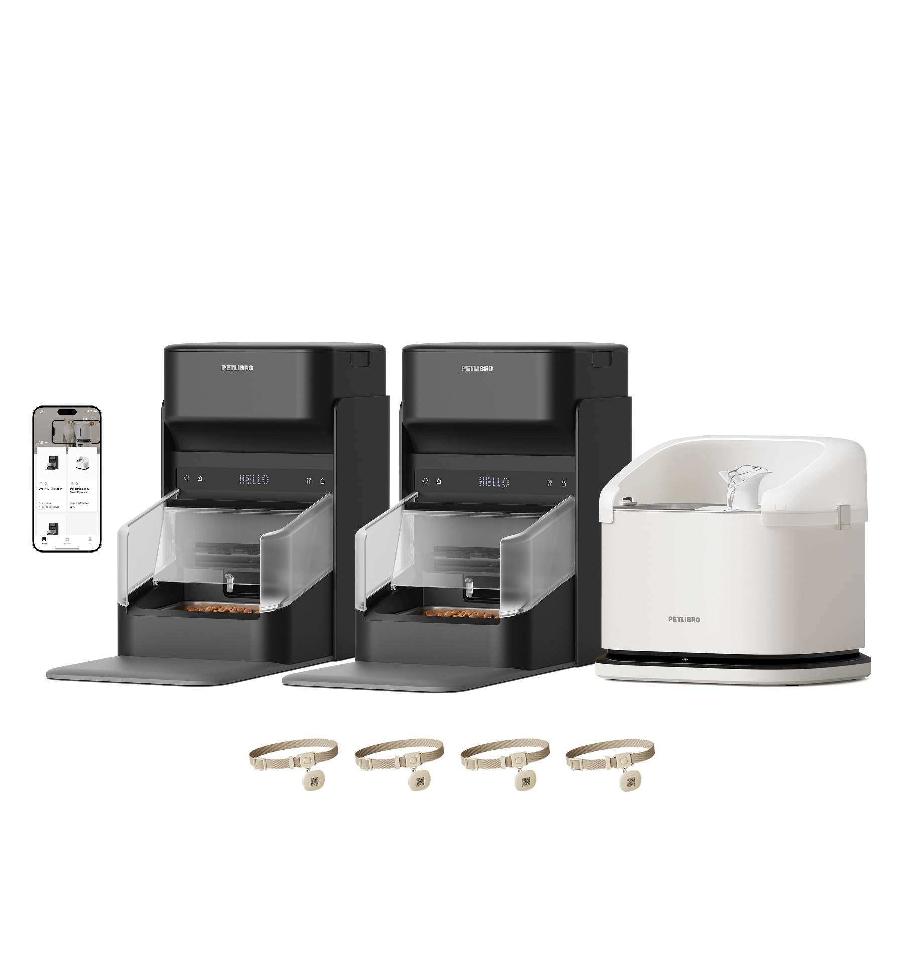 Petlibro PETLIBRO pet feeder set with app, plus white cat litter box; black automatic feeders for cat meals and tracking