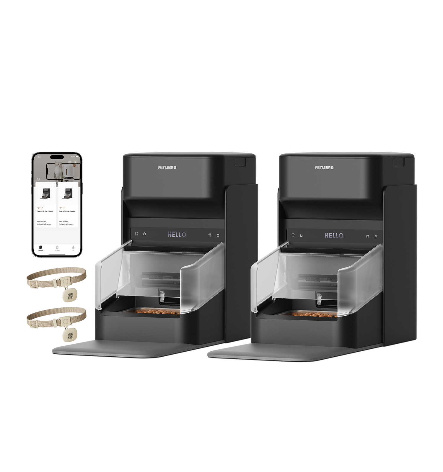 Petlibro black automatic pet feeders with clear food compartments, RFID collars, and smartphone app control display