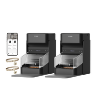 Petlibro black automatic pet feeders with clear food compartments, RFID collars, and smartphone app control display