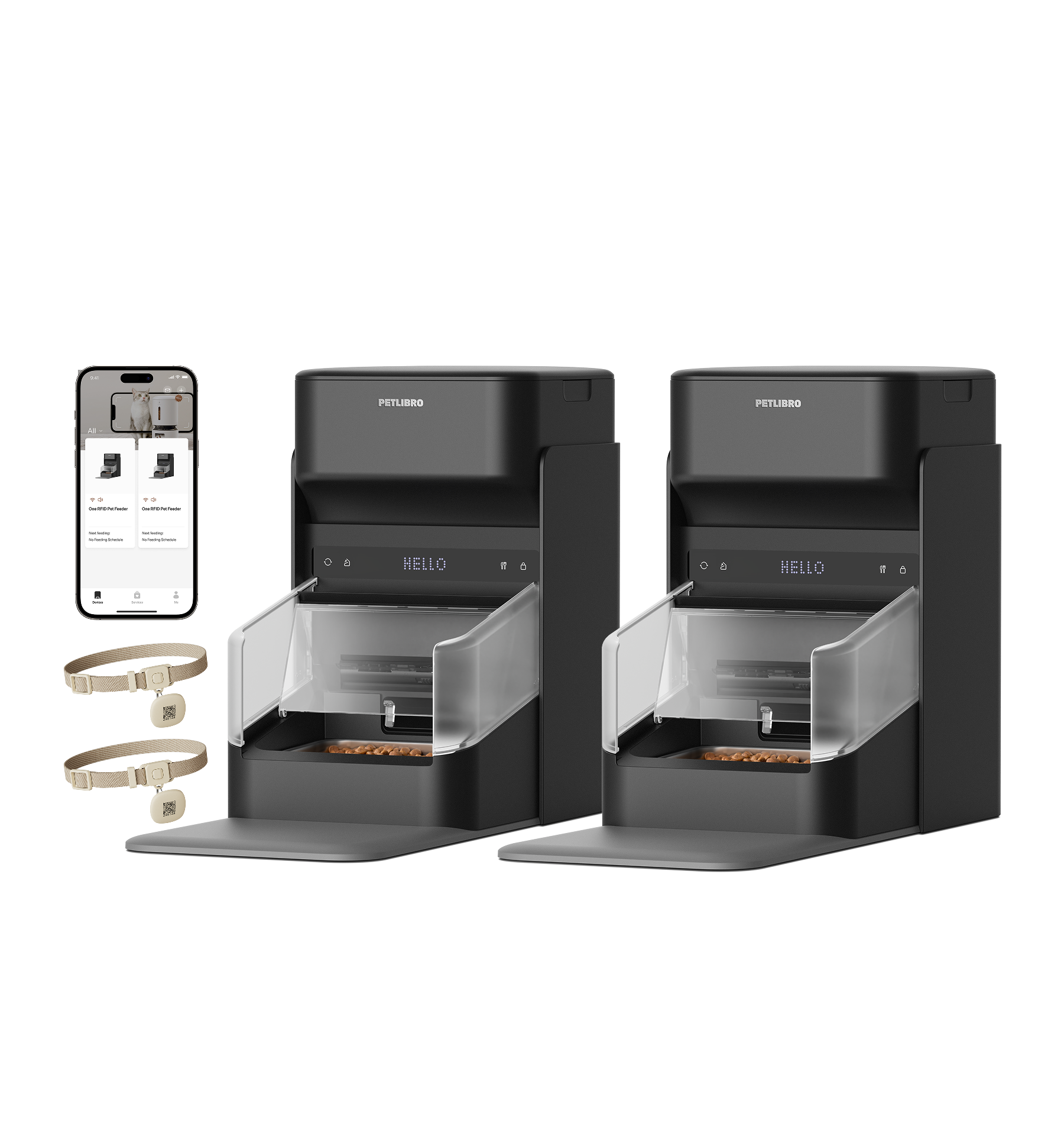 Petlibro black automatic pet feeders with clear food compartments, RFID collars, and smartphone app control display