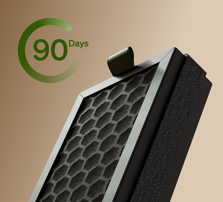 Petlibro black and gray rectangular pet air filter with honeycomb pattern and 90 days usage indicator