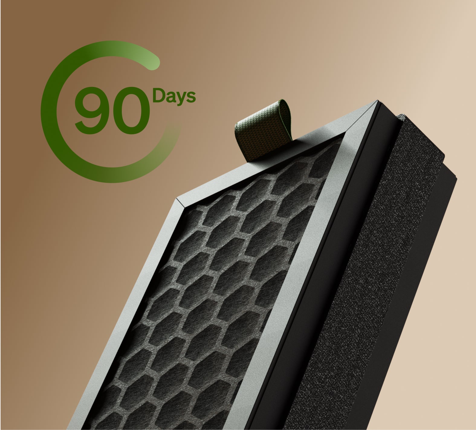 Petlibro black and gray rectangular air filter with honeycomb pattern and 90 days usage indicator on beige background
