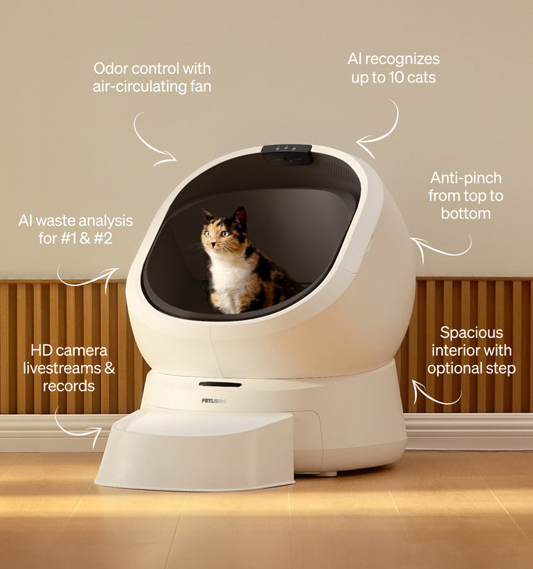 Petlibro automatic self-cleaning cat litter box in beige with AI waste analysis, HD camera, odor control, and spacious interior with step