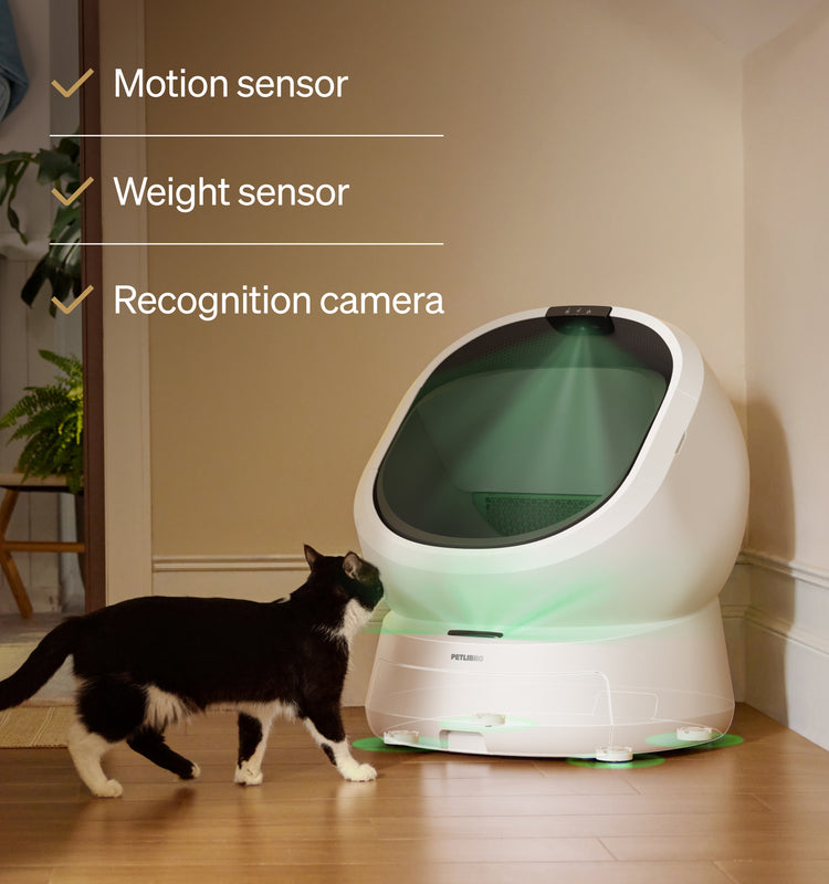 Petlibro automatic self-cleaning cat litter box in white with motion sensor, weight sensor, and recognition camera features