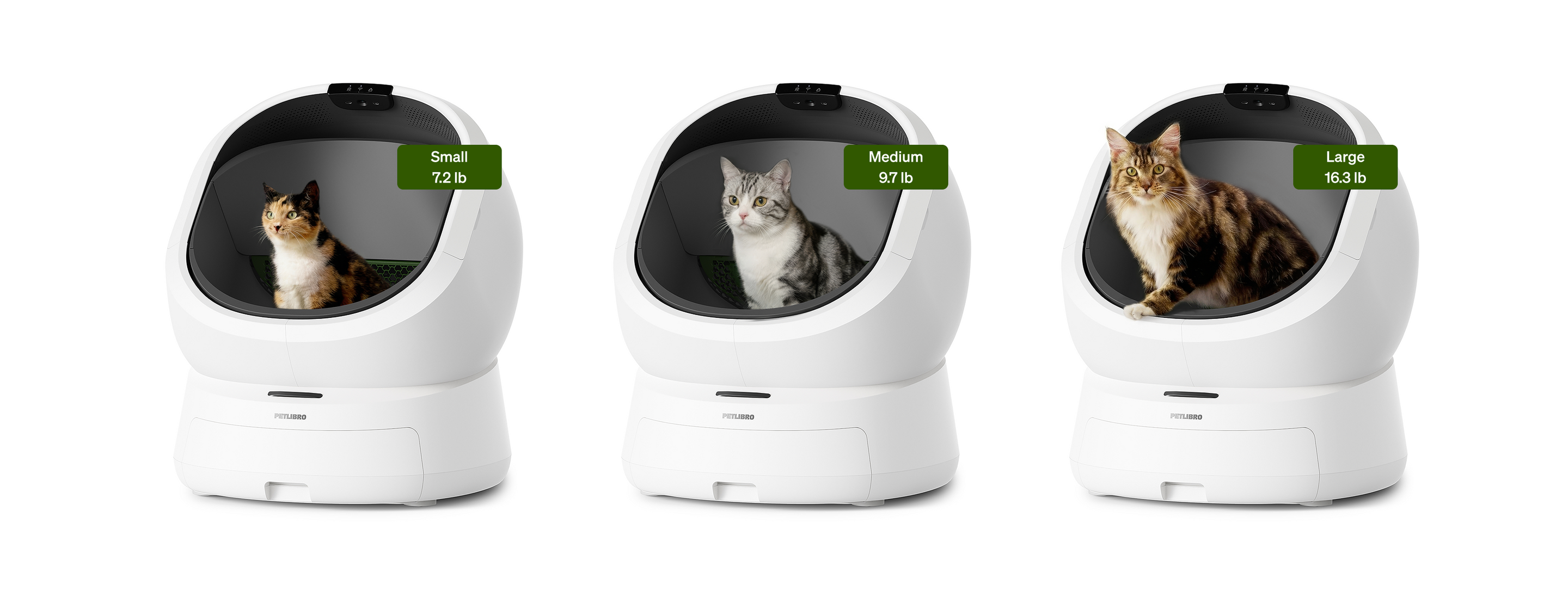 Petlibro PETLIBRO pet litter box, white automatic cat box shown with small, medium, and large cats inside for size fit comparison