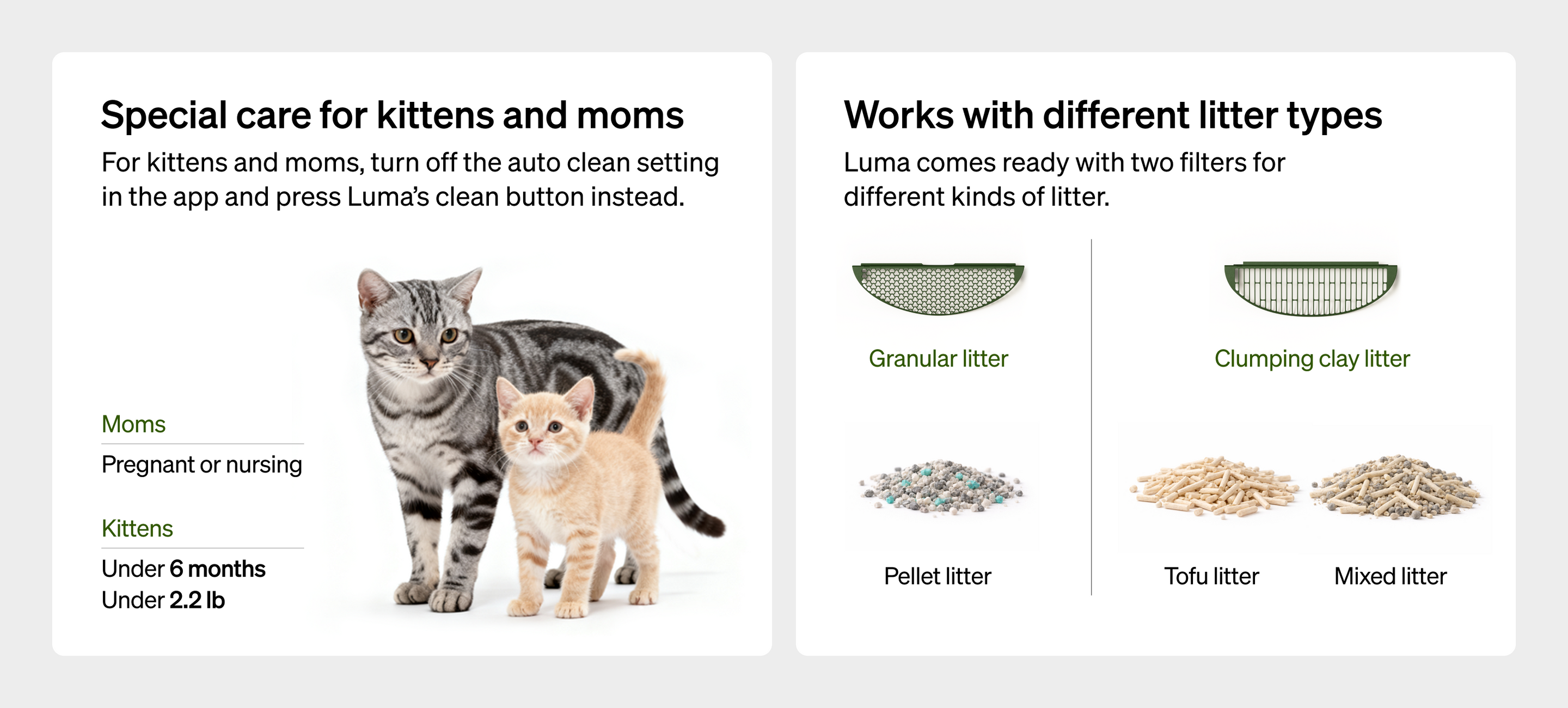 Petlibro PETLIBRO pet litter box guide showing mom cat and kitten care, plus compatible granular, clumping, pellet, tofu litter types