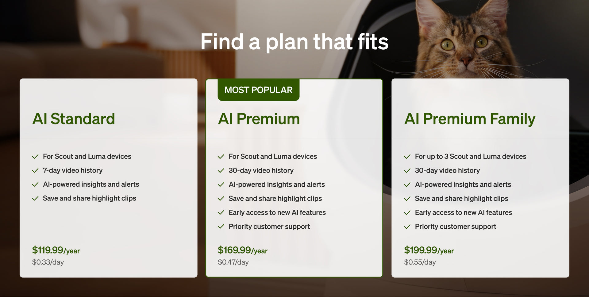 Petlibro pricing plan comparison for AI-powered video history and alerts for Scout and Luma devices with three subscription options
