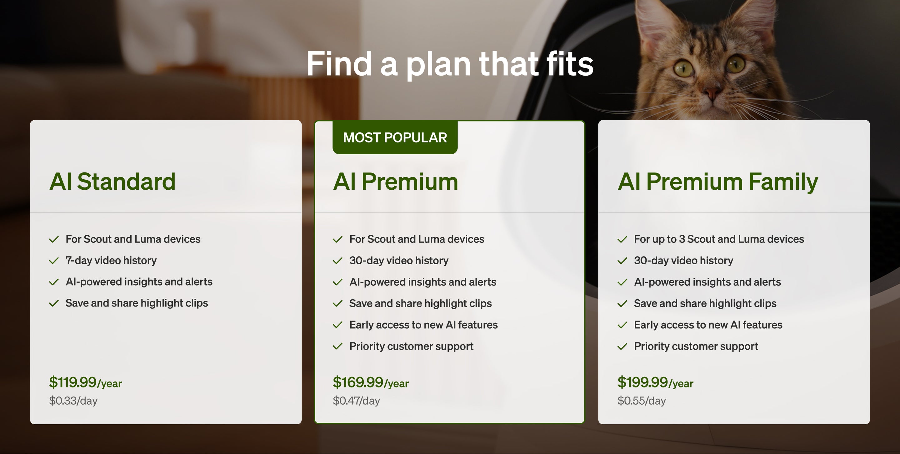 Petlibro pricing plan comparison for AI-powered video history and alerts for Scout and Luma devices with three subscription options