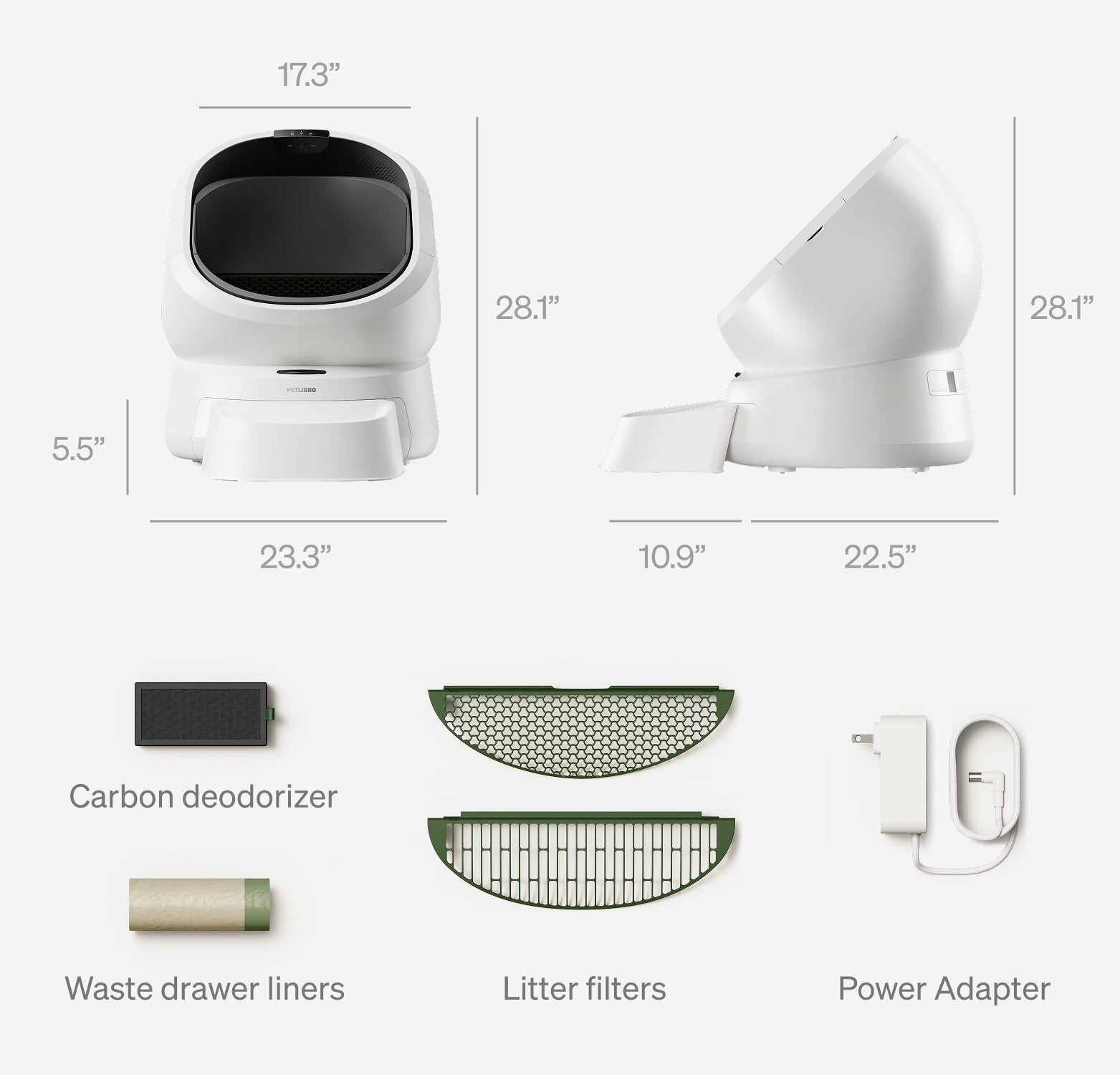 Petlibro automatic self-cleaning litter box in white with carbon deodorizer, waste liners, litter filters, and power adapter shown with dimensions
