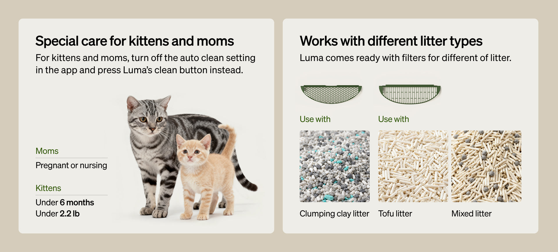 Petlibro informational graphic showing kitten and mom care instructions and litter filter compatibility with clumping clay, tofu, and mixed litter types