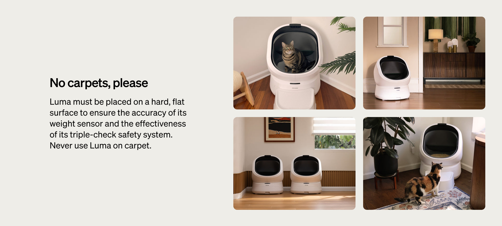 Petlibro Luma automatic self-cleaning cat litter box in white, shown in home settings on hard floors with cats nearby