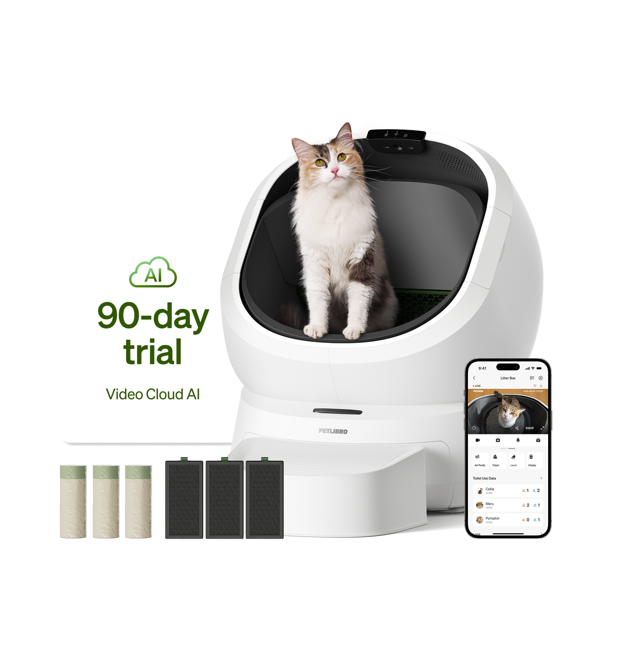 Petlibro Luma smart litter box, self cleaning cat litter box with odor control, automatic litter box and app view, cat inside