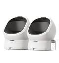Petlibro automatic self-cleaning cat litter boxes in white with black interior and smartphone app control shown