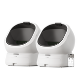 Petlibro automatic self-cleaning cat litter boxes in white with black interior and smartphone app control shown