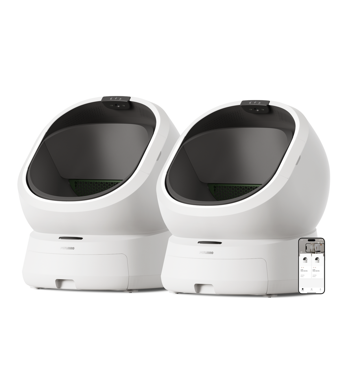 Petlibro automatic self-cleaning cat litter boxes in white with black interior and smartphone app control shown