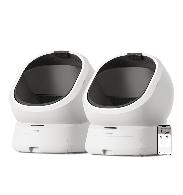 Petlibro automatic self-cleaning cat litter boxes in white with black interior and smartphone app control shown