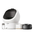 Petlibro smart automatic cat litter box with white base, white water fountain, black self-cleaning litter box, and smartphone app display