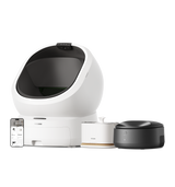 Petlibro smart automatic cat litter box with white base, white water fountain, black self-cleaning litter box, and smartphone app display