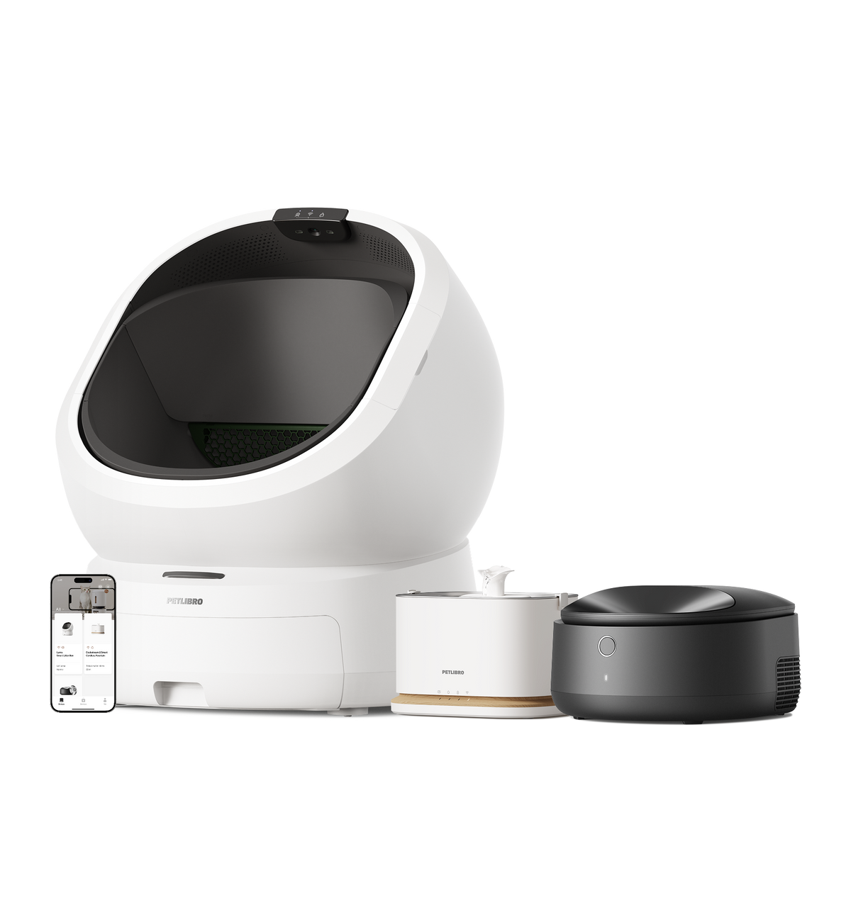 Petlibro smart automatic cat litter box with white base, white water fountain, black self-cleaning litter box, and smartphone app display