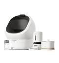 Petlibro smart pet care set including white automatic litter box, feeder, water fountain, and mobile app display