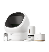 Petlibro smart pet care set including white automatic litter box, feeder, water fountain, and mobile app display