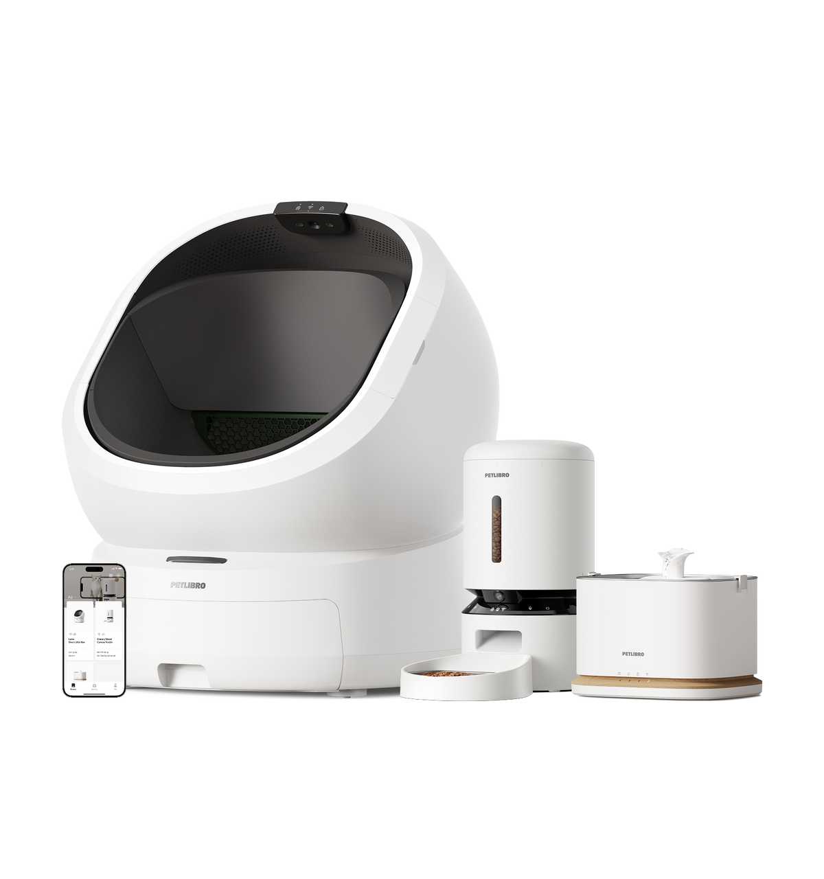 Petlibro smart pet care set including white automatic litter box, feeder, water fountain, and mobile app display