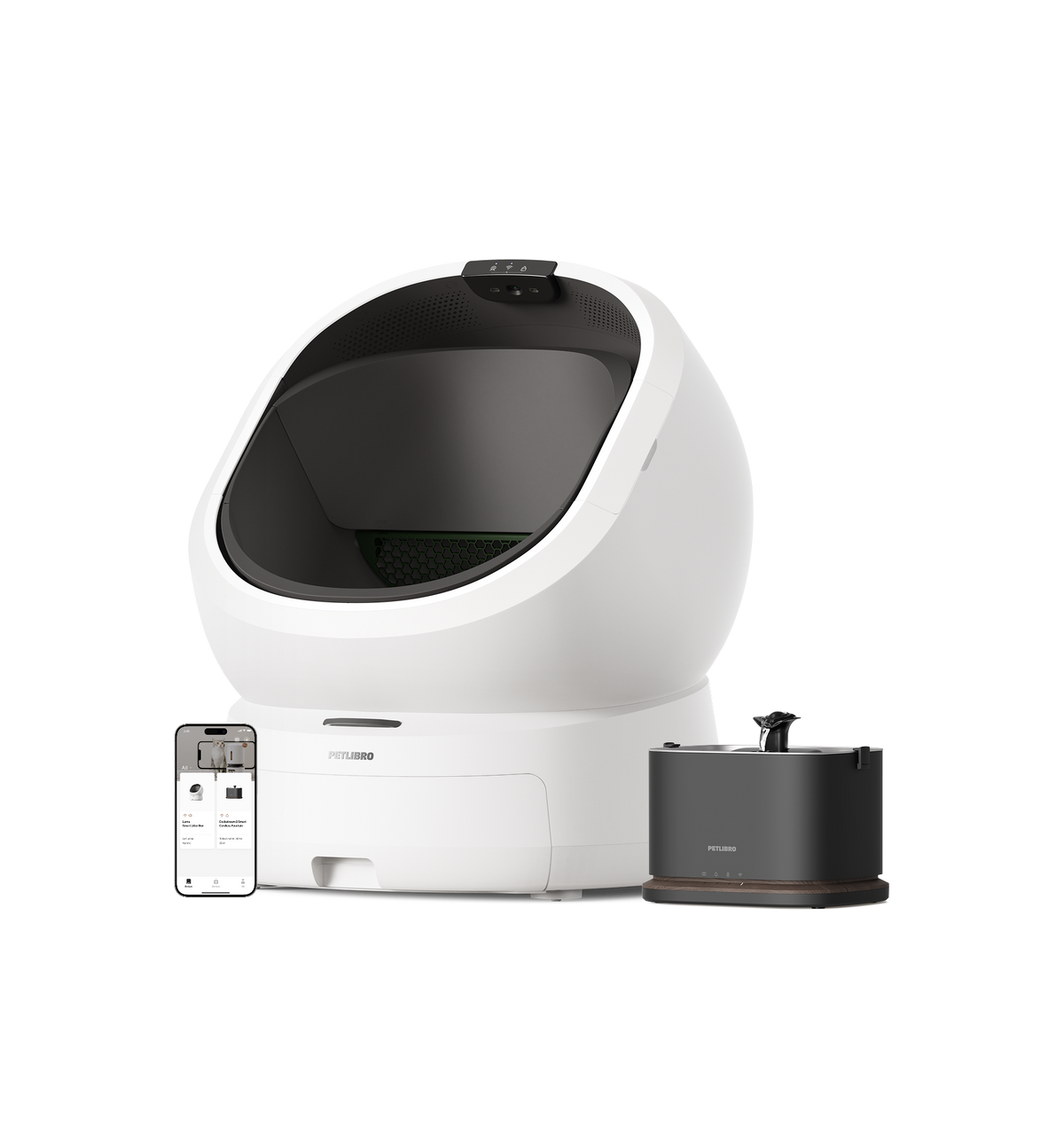 Petlibro automatic white and gray self-cleaning cat litter box with smart app control and gray pet water fountain