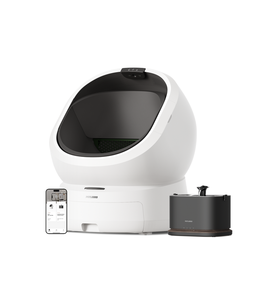 Petlibro automatic white and gray self-cleaning cat litter box with smart app control and gray pet water fountain