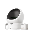 Petlibro automatic self-cleaning cat litter box with white rounded design, black interior, smart app control, and water fountain accessory