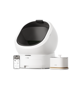 Petlibro automatic self-cleaning cat litter box with white rounded design, black interior, smart app control, and water fountain accessory