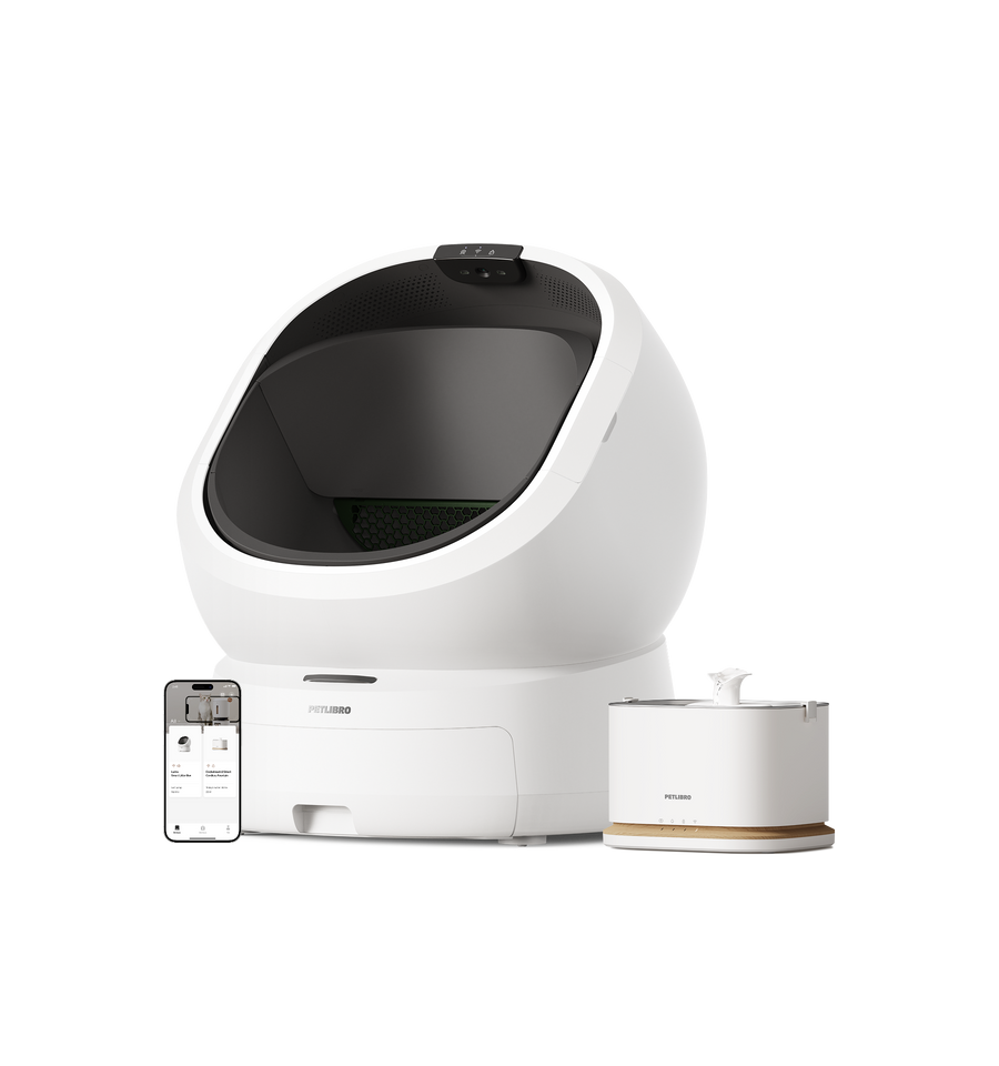 Petlibro automatic self-cleaning cat litter box with white rounded design, black interior, smart app control, and water fountain accessory