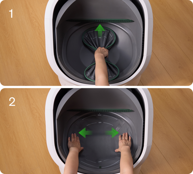 Petlibro white automatic cat litter box showing adjustable inner liner being stretched and released for cleaning or replacement