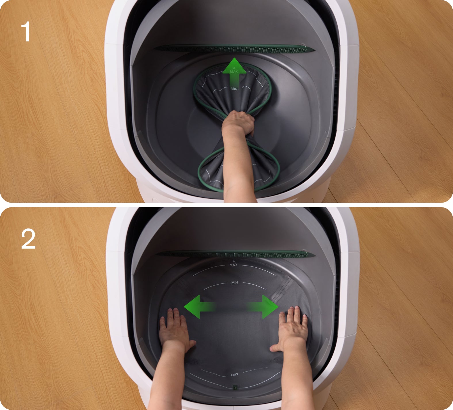 Petlibro automatic cat litter box showing adjustable inner liner with hands demonstrating expansion and flattening features
