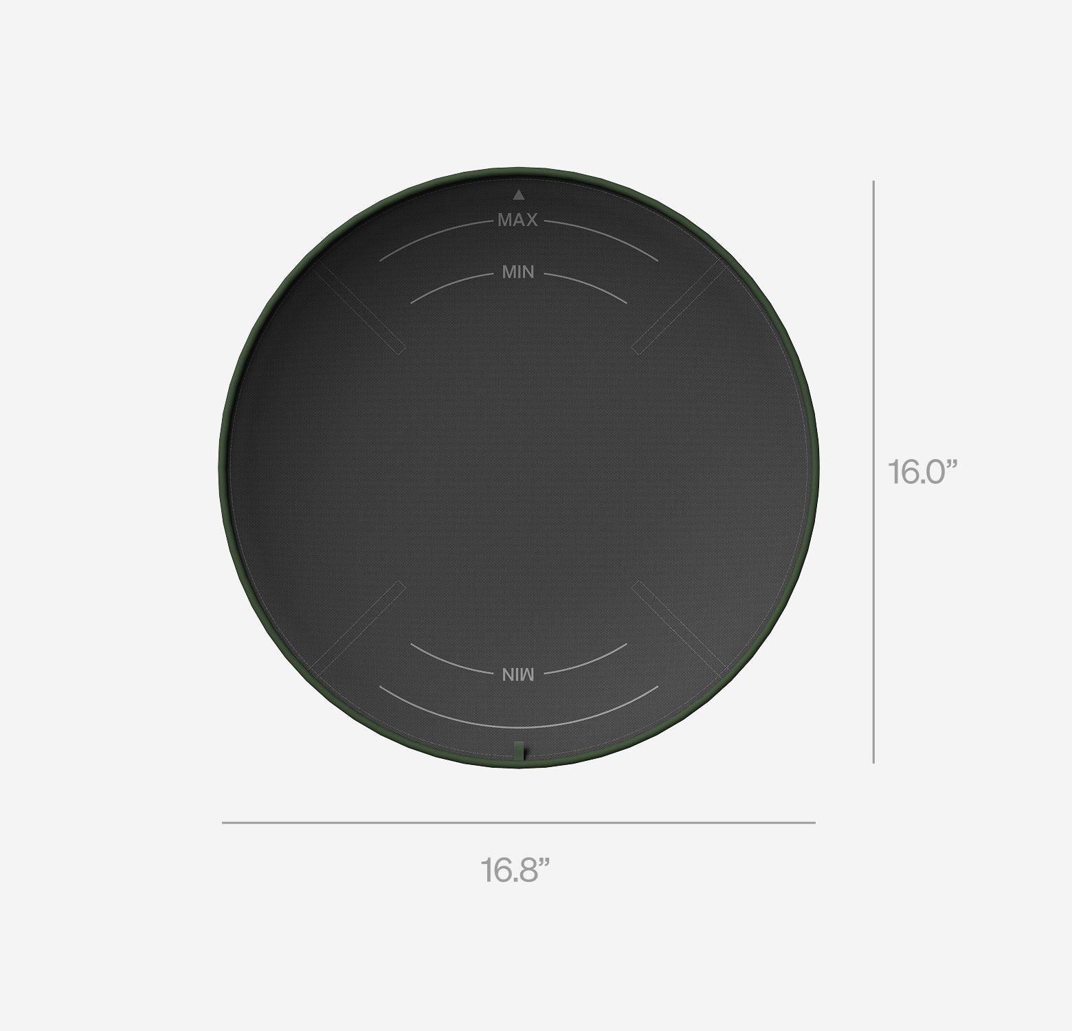 Petlibro round black pet feeding mat with green edge, measuring 16.8 by 16 inches, featuring max and min fill indicators