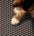 Petlibro textured black pet feeding mat with a cat's brown and white paws resting on it