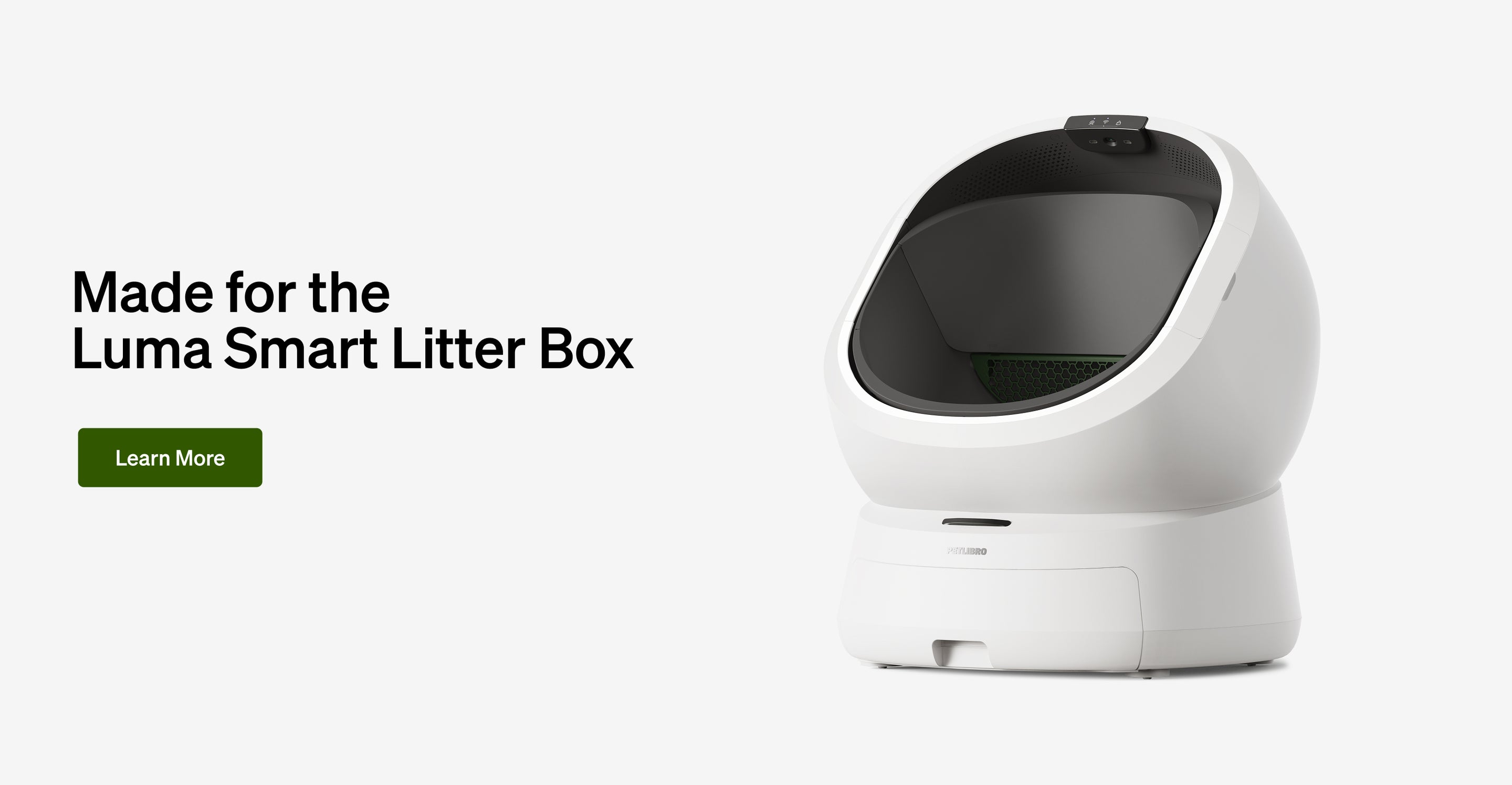 Petlibro Luma Smart Litter Box in white with black interior, modern automatic cat litter cleaning system