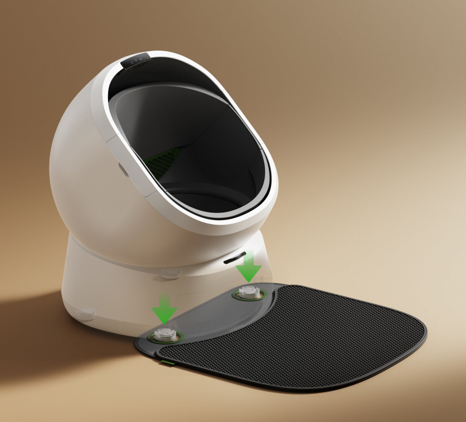 Petlibro automatic white and black cat litter box with detachable black textured mat and green attachment points