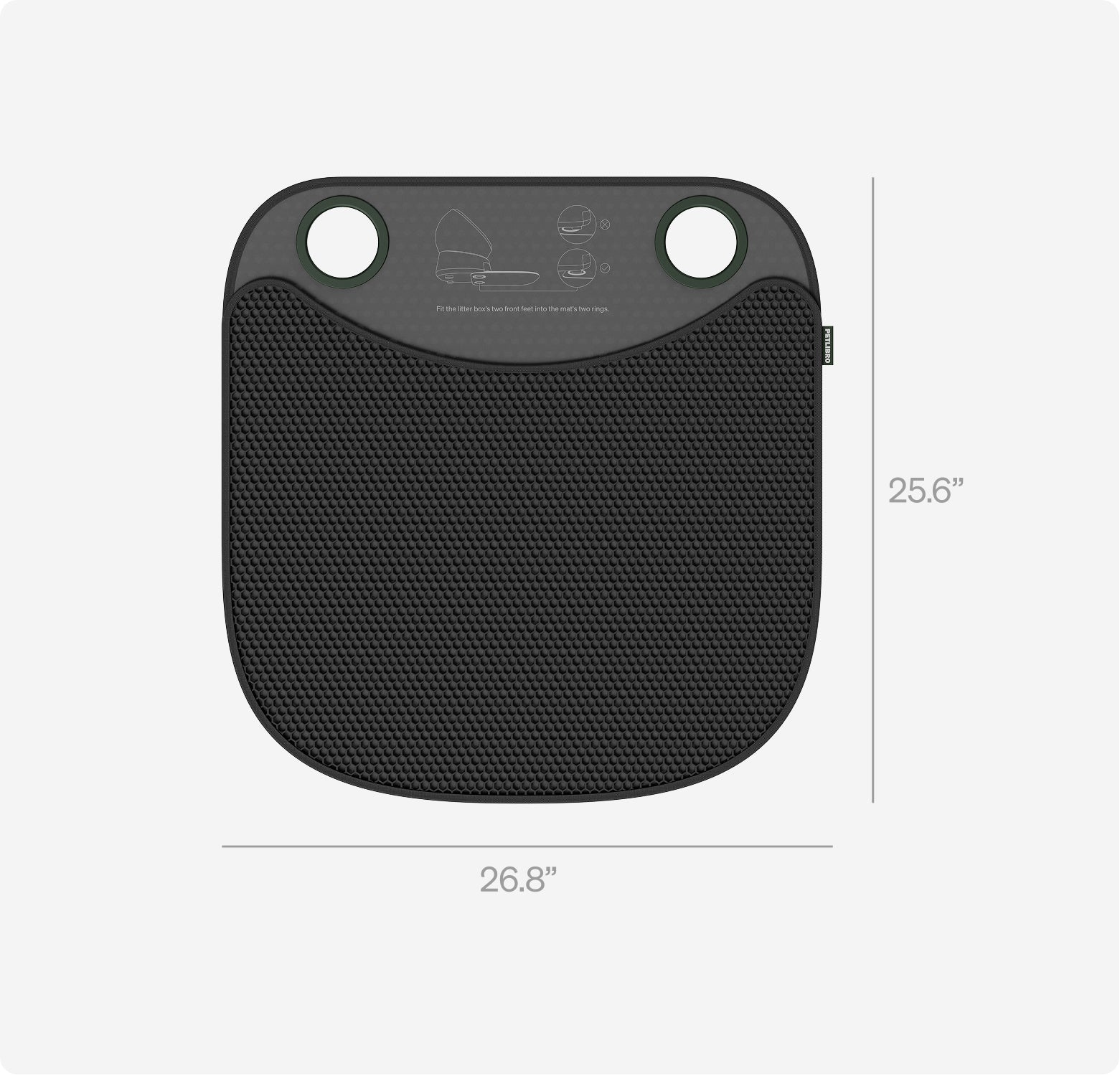 Petlibro black textured cat litter mat with two circular openings and anti-slip backing, measuring 26.8 by 25.6 inches