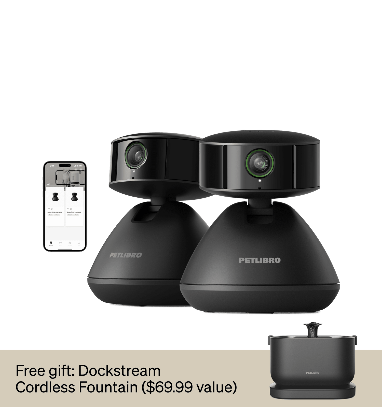 Petlibro smart pet camera duo in sleek black, featuring 360-degree rotation and app control, with bonus cordless fountain.