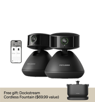 Petlibro smart pet camera duo in sleek black, featuring 360-degree rotation and app control, with bonus cordless fountain.