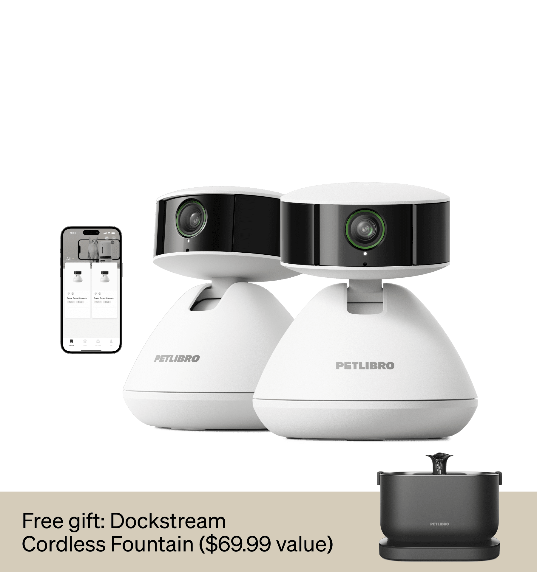 Petlibro automatic pet feeder duo in white with smart camera, includes free Dockstream cordless fountain.