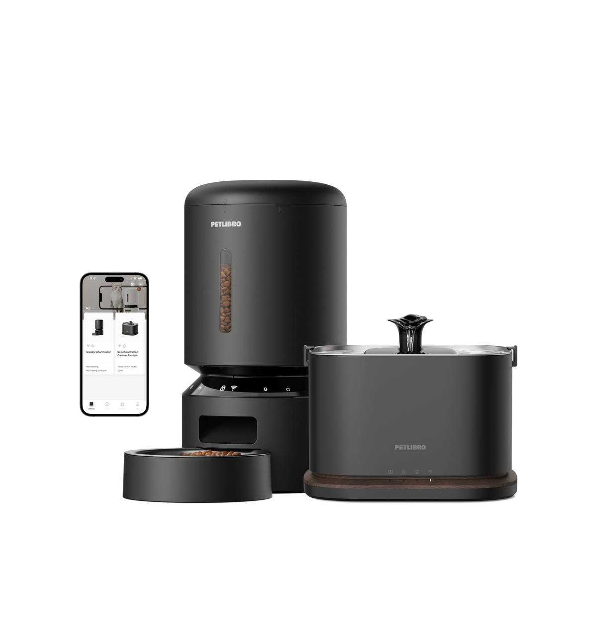 Petlibro PETLIBRO pet feeder and cat fountain set in black, with app control phone screen and flowing water spout