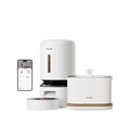 Petlibro PETLIBRO pet fountain and smart feeder set for cat, white units with water spout, kibble window, and app control phone screen