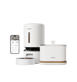 Petlibro PETLIBRO pet fountain and smart feeder set for cat, white units with water spout, kibble window, and app control phone screen